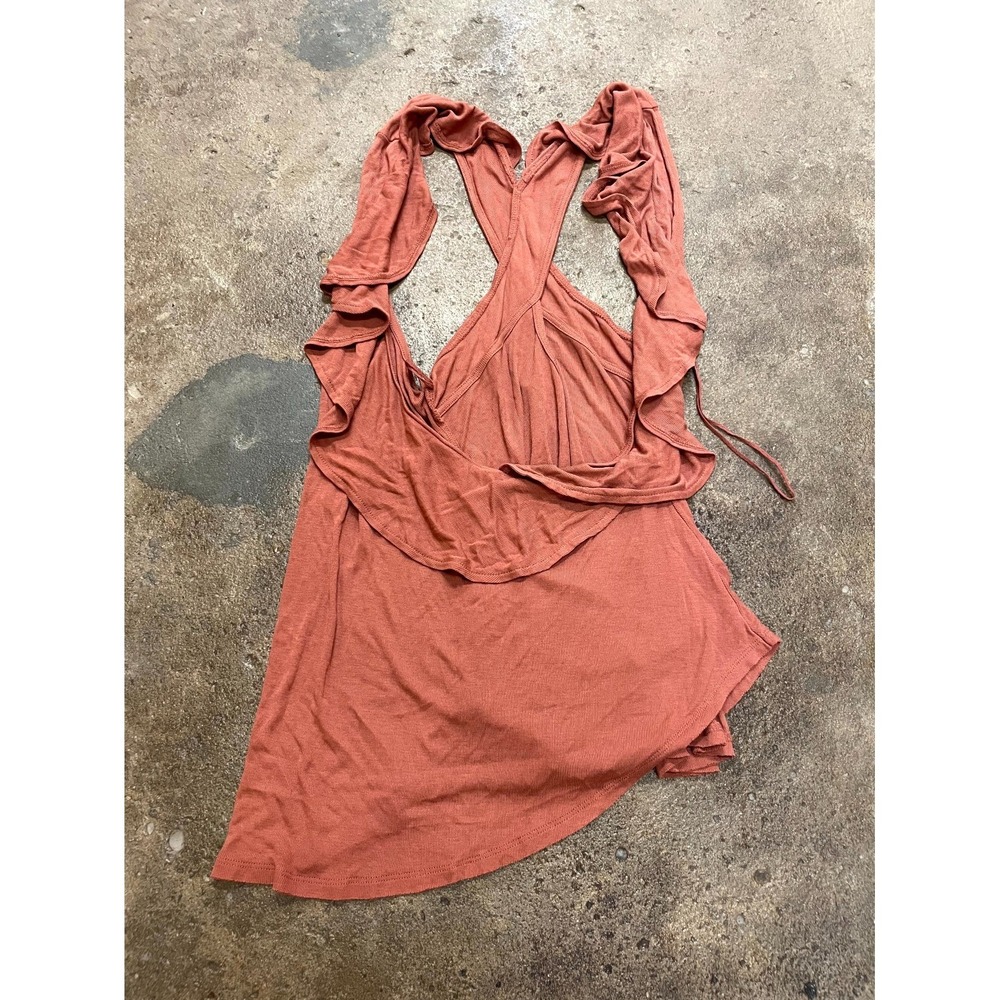 Free People Mini Dress Womens XS Brown Rayon Ruffle Detail Asymmetrical Hem
